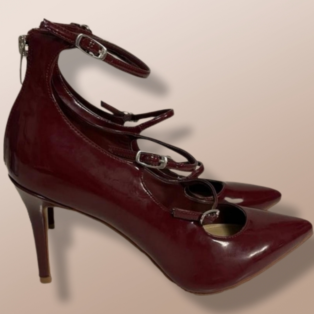 MARC FISHER Burgundy Patent Leather Strappy Pointed Toe Heels Ankle Strap Size 8 - Picture 5 of 13
